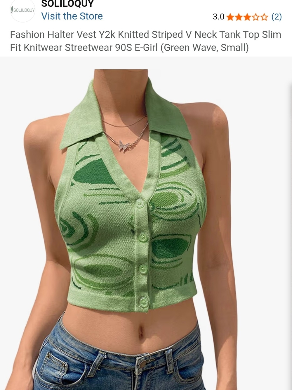 Green Collared Button-Front Knit Crop Top